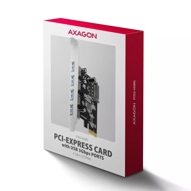 Axagon PCEU-430RS PCIe 2.0 x1 paplašinājuma karte, 4x ārējie USB-A 5 Gbps porti (USB 3.2 Gen 1), Renesas PD720201, UASP, SATA 15 kontaktu strāvas pieslēgums