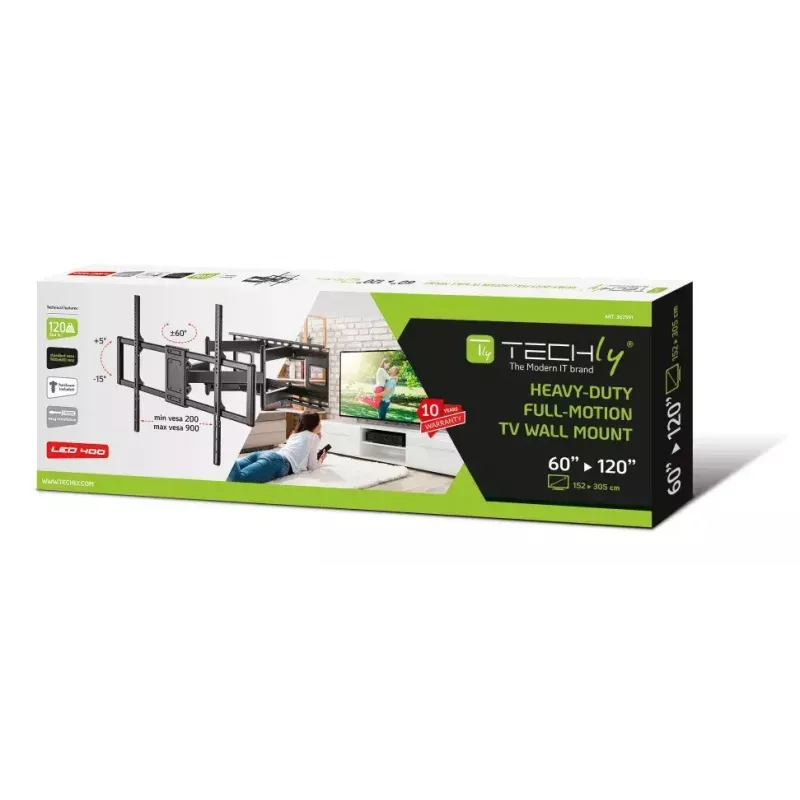 Techly plāna sienas kronšteins 60-120 collu LCD LED televizoram, melns, maksimālā slodze 120 kg