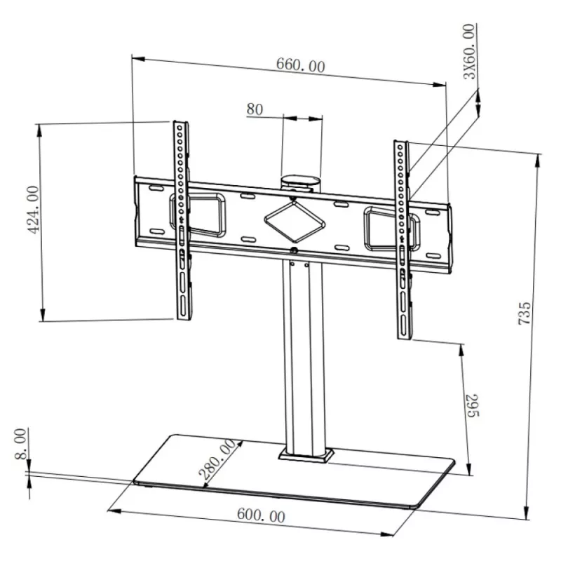 Techly ICA-LCD S07L televizora statīvs, 32–65 collas (81–165,1 cm), 45 kg, VESA 600x400, rūdīta stikla pamatne, melns