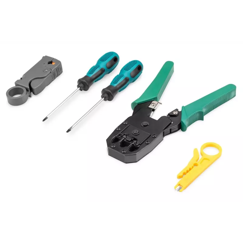 DIGITUS tīkla instrumentu komplekts - LAN testeris, gofrēšanas knaibles, noņemšanas un griešanas instruments, 12 detaļas