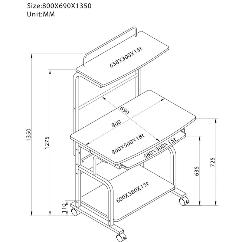 Techly Compact Multi-Function Computer Desk, Glossy Black ICA-TB 7800BK
