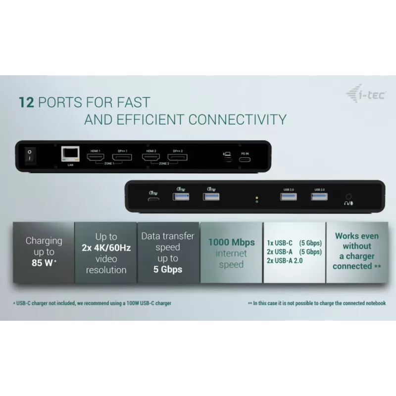 i-tec Universāla Dual 4K displeja dokstacija + Power Delivery 85W