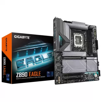Mātesplate GIGABYTE Z890 EAGLE — atbalsta Intel Core Ultra (2. sērija), 14+1+2 fāžu VRM, līdz 8800MHz DDR5 (OC), 1xPCIe 5.0 M.2 + 3xPCIe 4.0 M.2, 2.5GbE LAN, USB4