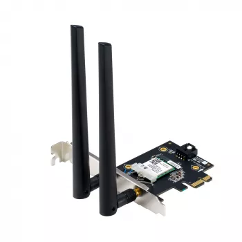 Iekšējais WLAN Bluetooth adapteris ASUS PCE-BE6500 — PCIe, trīsjoslu Wi‑Fi 6E/7 (2.4/5/6 GHz), Bluetooth 5.4, 2882 Mbps, ārējā antena, melns