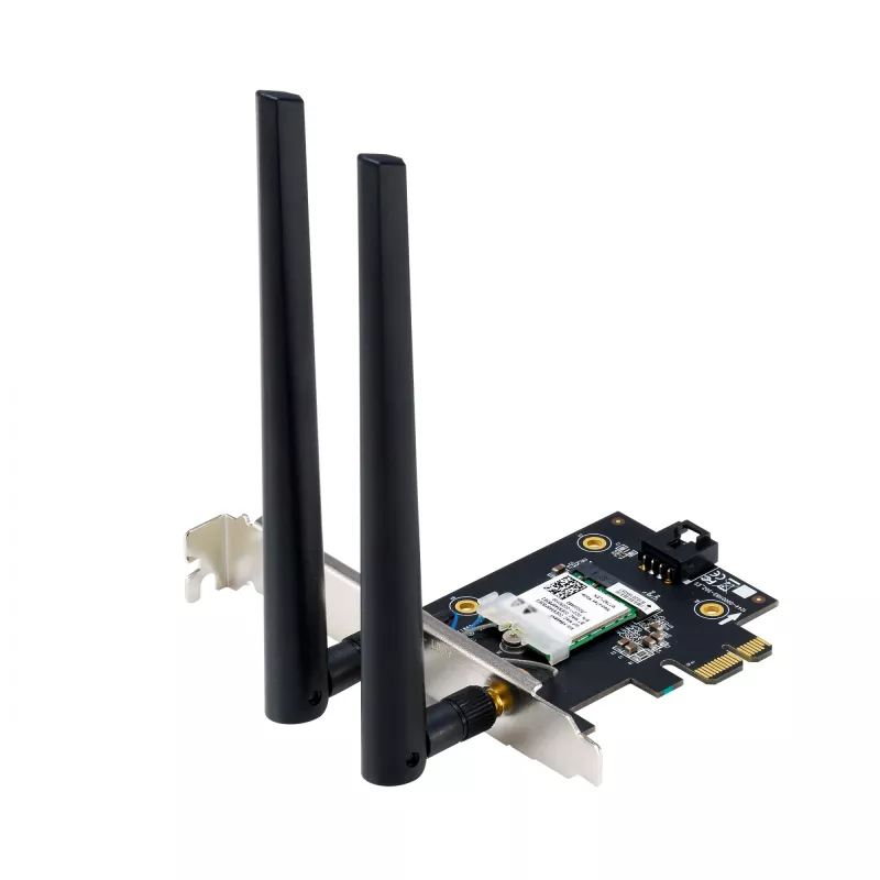 Iekšējais WLAN Bluetooth adapteris ASUS PCE-BE6500 — PCIe, trīsjoslu Wi‑Fi 6E/7 (2.4/5/6 GHz), Bluetooth 5.4, 2882 Mbps, ārējā antena, melns