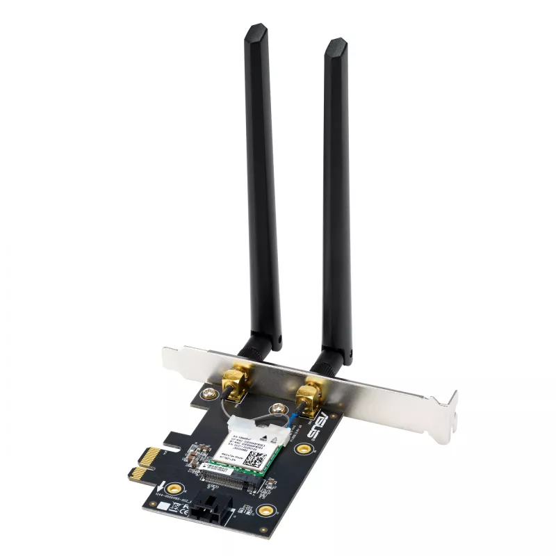 Iekšējais WLAN Bluetooth adapteris ASUS PCE-BE6500 — PCIe, trīsjoslu Wi‑Fi 6E/7 (2.4/5/6 GHz), Bluetooth 5.4, 2882 Mbps, ārējā antena, melns