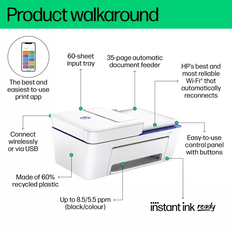 HP DeskJet 4230e Bezvadu Daudzfunkcionāls Krāsu Printeris, Instant Ink; Kopētājs, Skeneris
