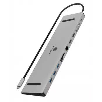 ICY BOX 11-in-1 USB-C dokstacija, 3.2 Gen 1, 100 W, Ethernet 1 Gb/s, Antracīts/Melns