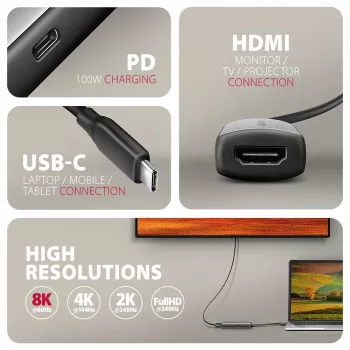 Axagon RVC-HI8KPD, USB-C -> HDMI 2.1 adapteris, 8K/60Hz, 4K/144Hz, HDR10+, PD100W