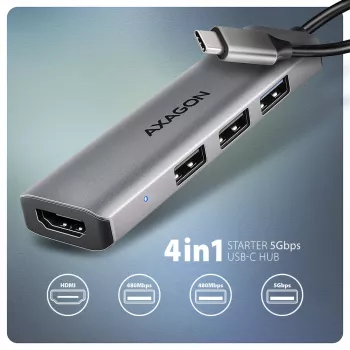 Axagon HMC-H3A USB 5Gbps centrmezgls, 3x USB-A, HDMI 4k/30Hz, 15cm USB-C kabelis