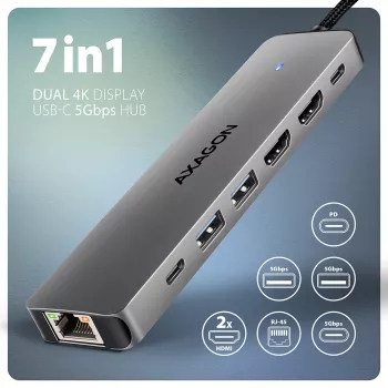 Axagon HMC-7HX2 USB 5Gbps centrmezgls, 2x USB-A, USB-C, 2x HDMI 4k/60Hz, RJ-45, PD 100W