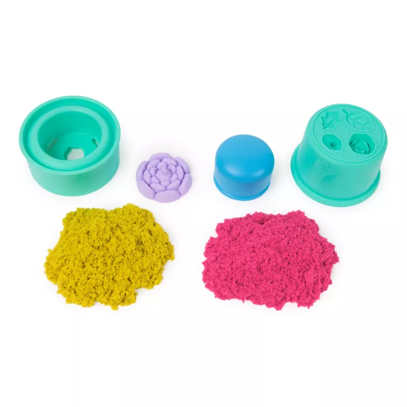 Kinetic Sand SquishBlossom ziedošs zieds – komplekts ar 227g neona dzeltenām un rozā smiltīm, podiņu un veidnēm