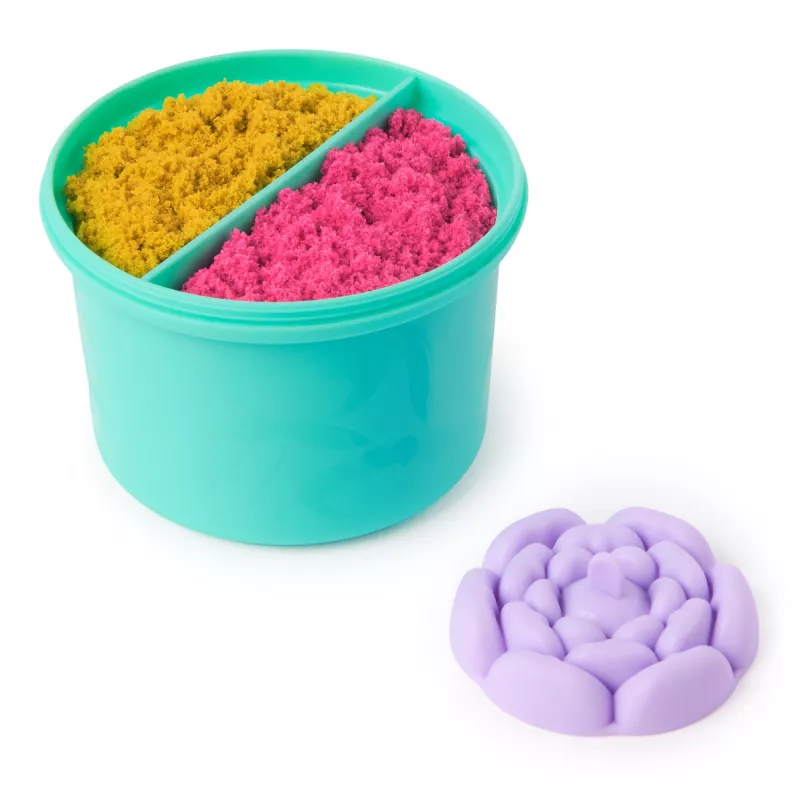 Kinetic Sand SquishBlossom ziedošs zieds – komplekts ar 227g neona dzeltenām un rozā smiltīm, podiņu un veidnēm