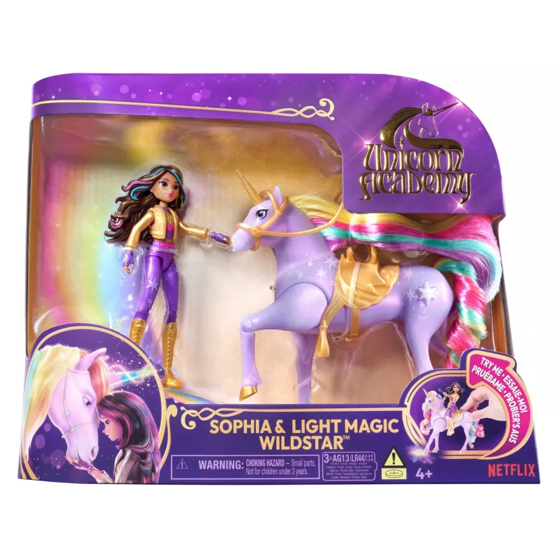 Modes lelle Usorteret Unicorn Academy Sophia & Light Magic Wildstar ar varavīksnes gaismas efektiem, LR44 baterijas, 241 mm