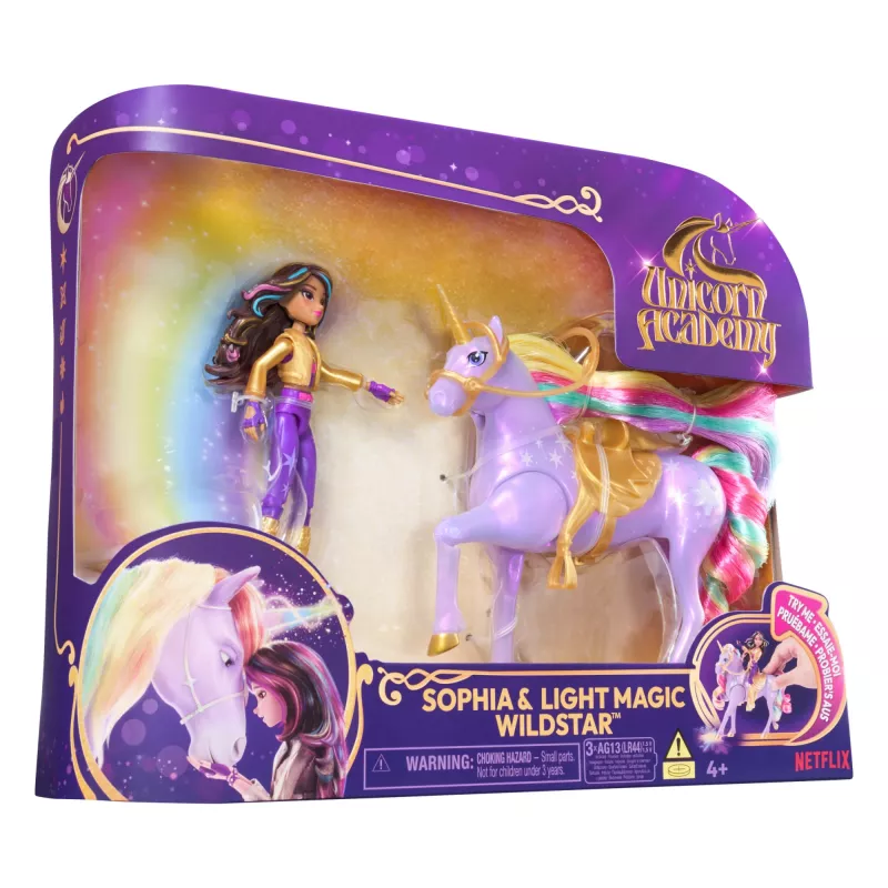 Modes lelle Usorteret Unicorn Academy Sophia & Light Magic Wildstar ar varavīksnes gaismas efektiem, LR44 baterijas, 241 mm