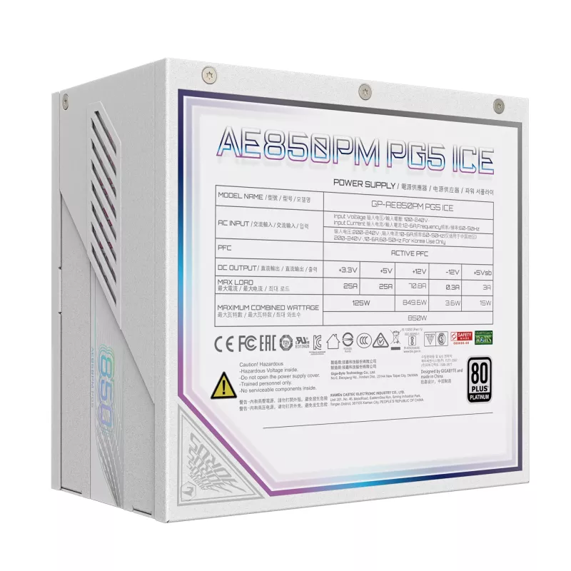 Barošanas bloks GIGABYTE AORUS ELITE P850W 850W ATX 80 PLUS Platinum pilnībā modulārs balts 120mm ventilators