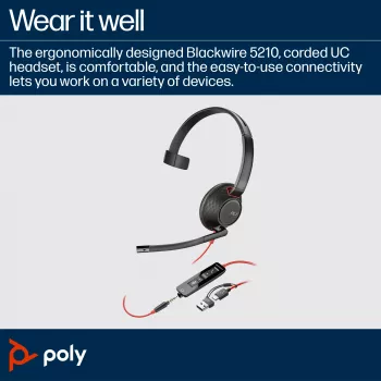 HP Poly Blackwire 5210 Monourālā USB-C austiņa + 3,5 mm ligzda + USB-C/A adapteris