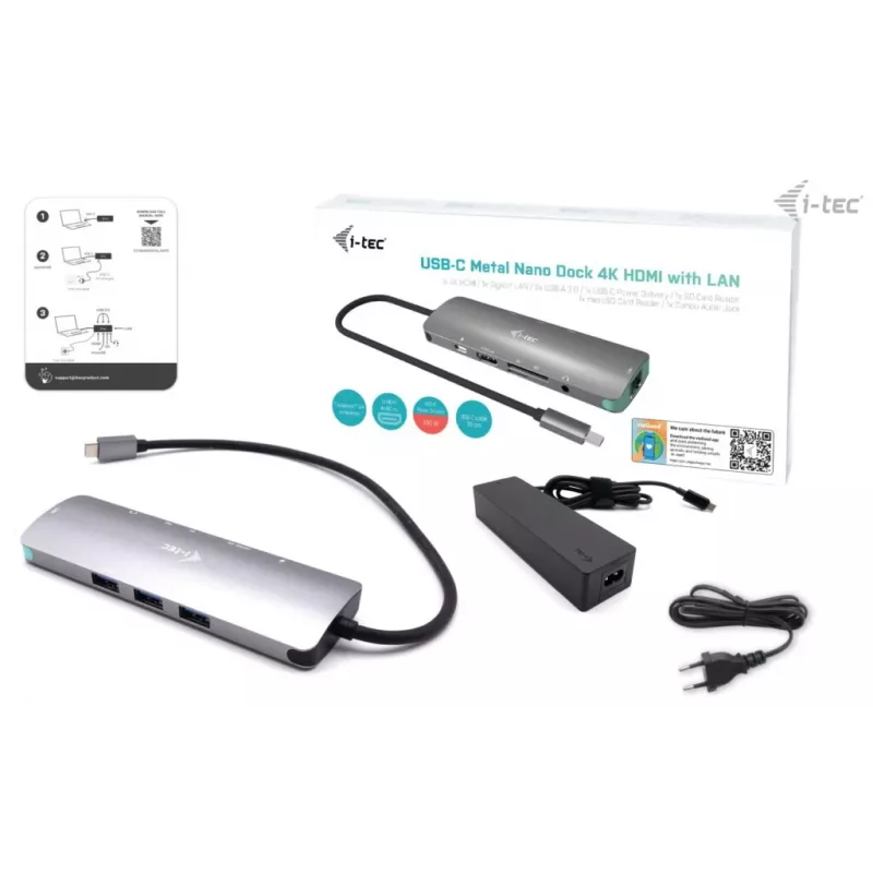 i-tec USB-C Metāla Nano Dokošanas Stacija 4K HDMI LAN ar Power Delivery 100W + Universāls Lādētājs 100W