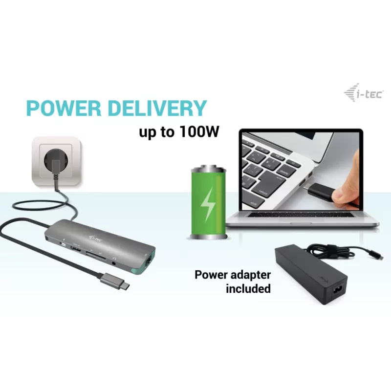 i-tec USB-C Metāla Nano Dokošanas Stacija 4K HDMI LAN ar Power Delivery 100W + Universāls Lādētājs 100W