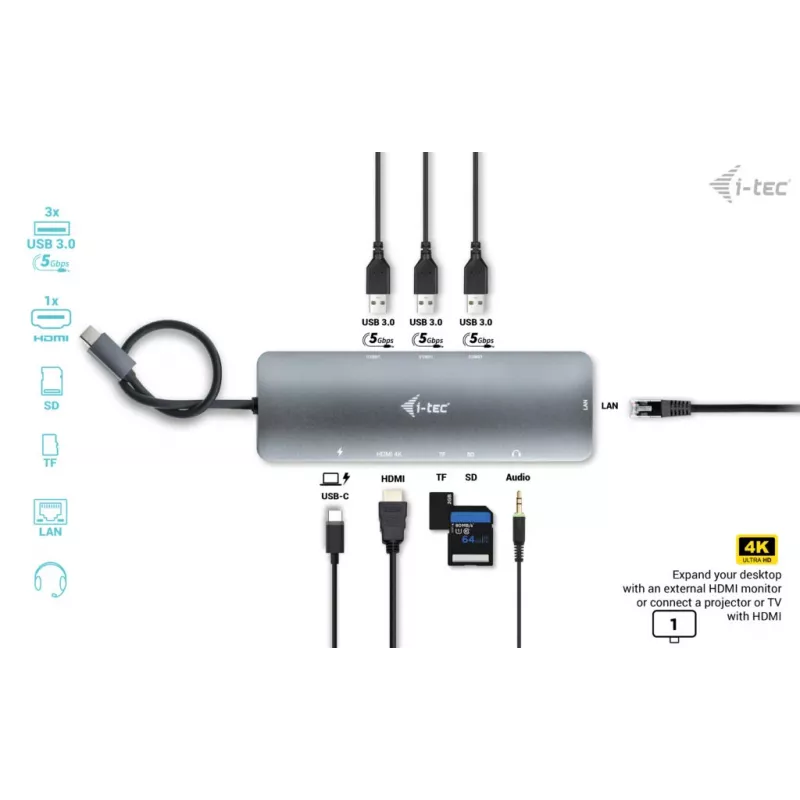 i-tec USB-C Metāla Nano Dokošanas Stacija 4K HDMI LAN ar Power Delivery 100W + Universāls Lādētājs 100W