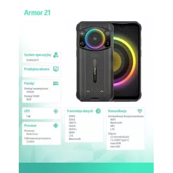 Viedtālrunis UleFone Armor 21 — 6.58 collu displejs, 8 GB RAM, 256 GB atmiņa, Melns