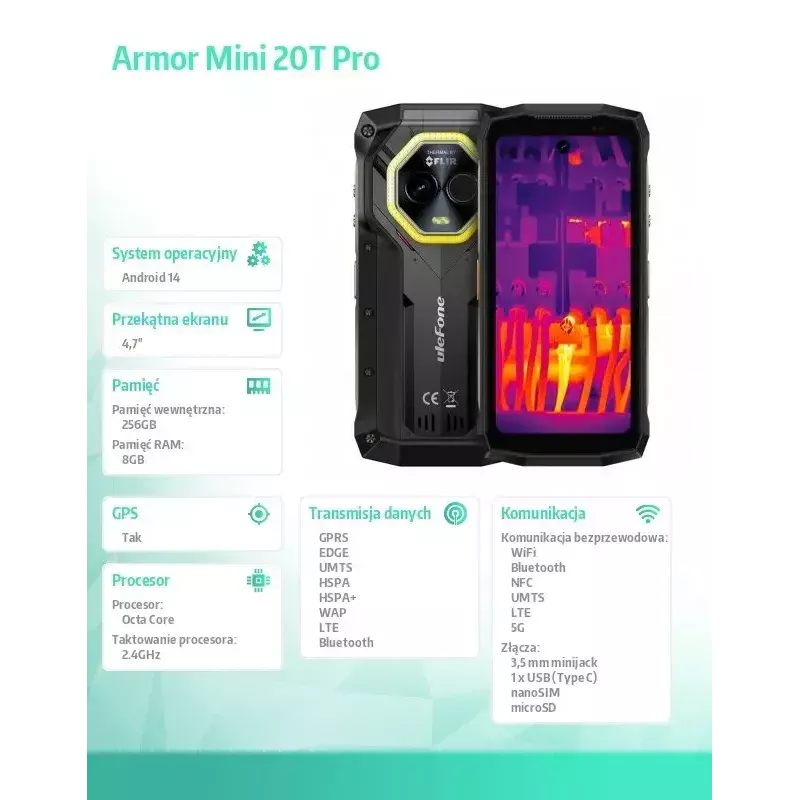 Viedtālrunis UleFone Armor Mini 20T Pro 5G, 4,7 collu displejs, 8GB RAM, 256GB krātuve, Melns