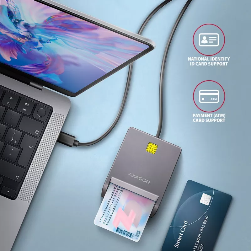 Axagon CRE-SM3TC USB-C viedkaršu lasītājs (FlatReader), 1,2 m kabelis