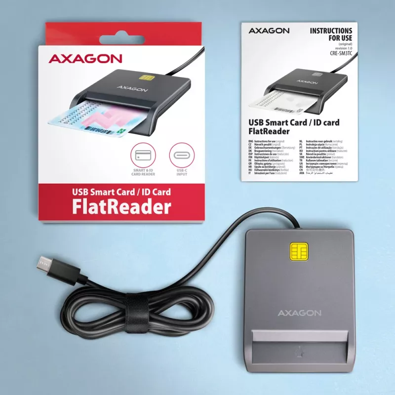 Axagon CRE-SM3TC USB-C viedkaršu lasītājs (FlatReader), 1,2 m kabelis
