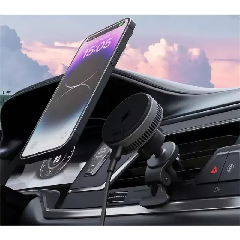 Aukey Mag Fusion Dash Pro HD-MC13A Qi2 15 W bezvadu auto lādētājs ar turētāju un dzesēšanu