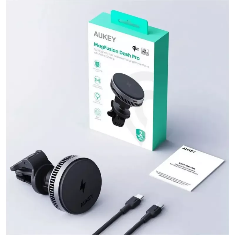 Aukey Mag Fusion Dash Pro HD-MC13A Qi2 15 W bezvadu auto lādētājs ar turētāju un dzesēšanu