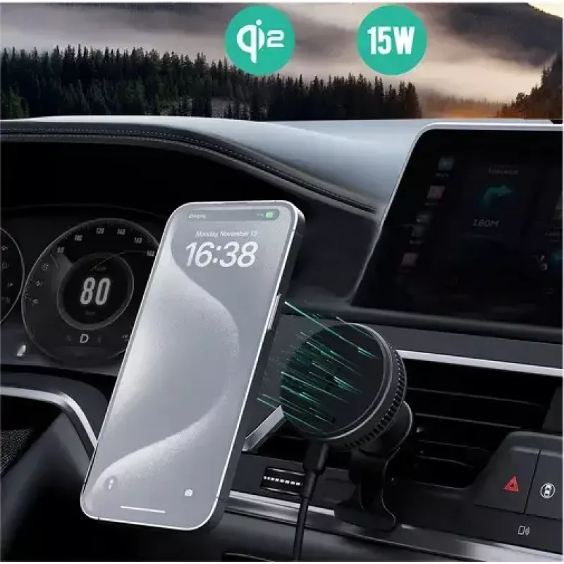 Aukey Mag Fusion Dash Pro HD-MC13A Qi2 15 W bezvadu auto lādētājs ar turētāju un dzesēšanu