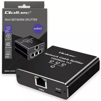 Ethernet sadalītājs QOLTEC 52294 1x3 RJ45 ar USB-C barošanas ieeju