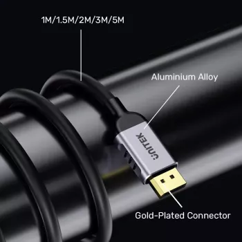 DisplayPort kabelis Unitek C1628GY01-2M — 2 m, DisplayPort 2.1, 7680×4320 @ līdz 240 Hz, 32.4 kanāli, alvēts varš