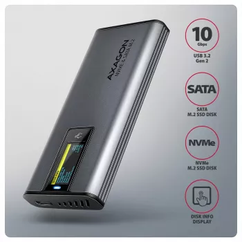 Axagon EEM2-SD2 USB-C 10Gbps ārējais M.2 NVMe un SATA SSD disks ar displeju