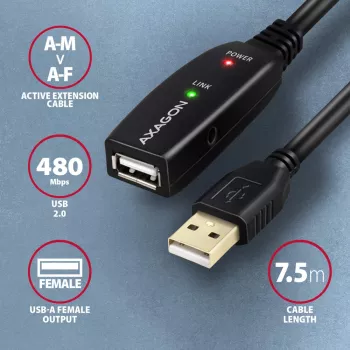 Axagon ADR-207 USB aktīvais pagarinātāja kabelis 7.5 m USB 2.0 Melns