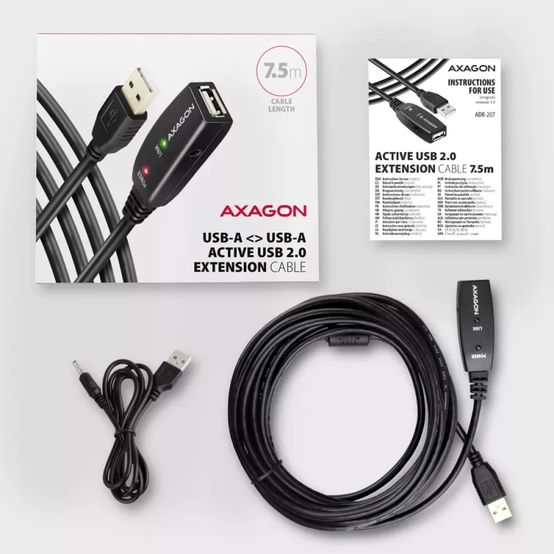 Axagon ADR-207 USB aktīvais pagarinātāja kabelis 7.5 m USB 2.0 Melns