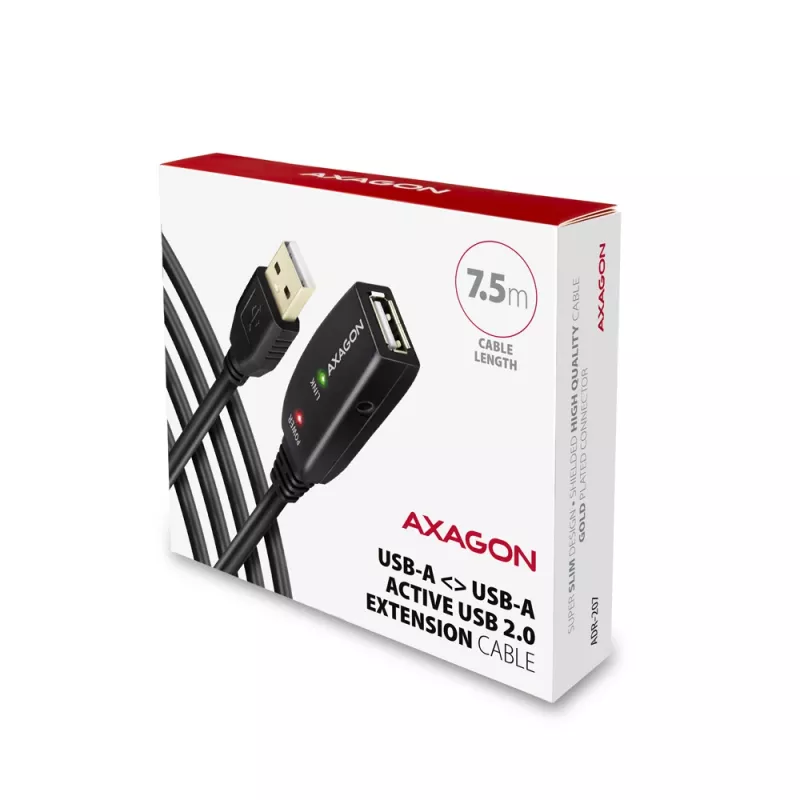 Axagon ADR-207 USB aktīvais pagarinātāja kabelis 7.5 m USB 2.0 Melns
