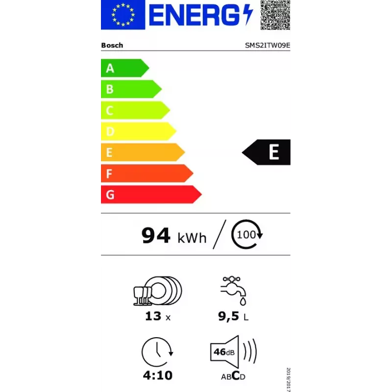 Brīvi stāvoša trauku mazgājamā mašīna Bosch Serie 2 SMS2ITW09E — 13 komplekti, 46 dB, 60 cm, siltummaiņa žāvēšana