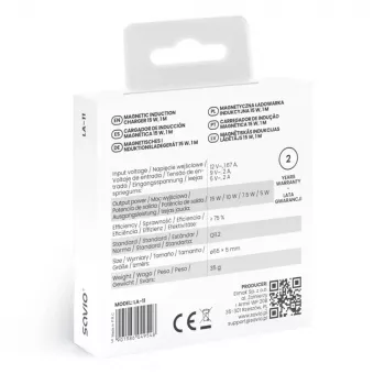 Bezvadu magnētiskais lādētājs SAVIO LA-11, Qi 1.2, 15 W, balts, 55×55×5 mm