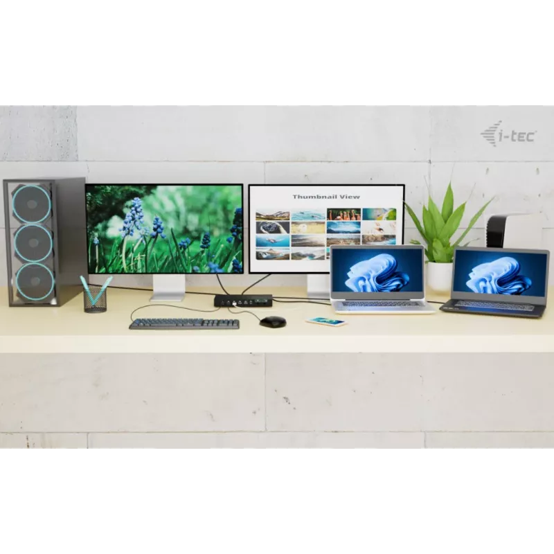 ITEC i-tec USB-C KVM Dock PRO trīs ierīcēm, divi video, 2x Power Delivery (līdz 92W), USB 3.2, 10 Gbps, Gigabit Ethernet