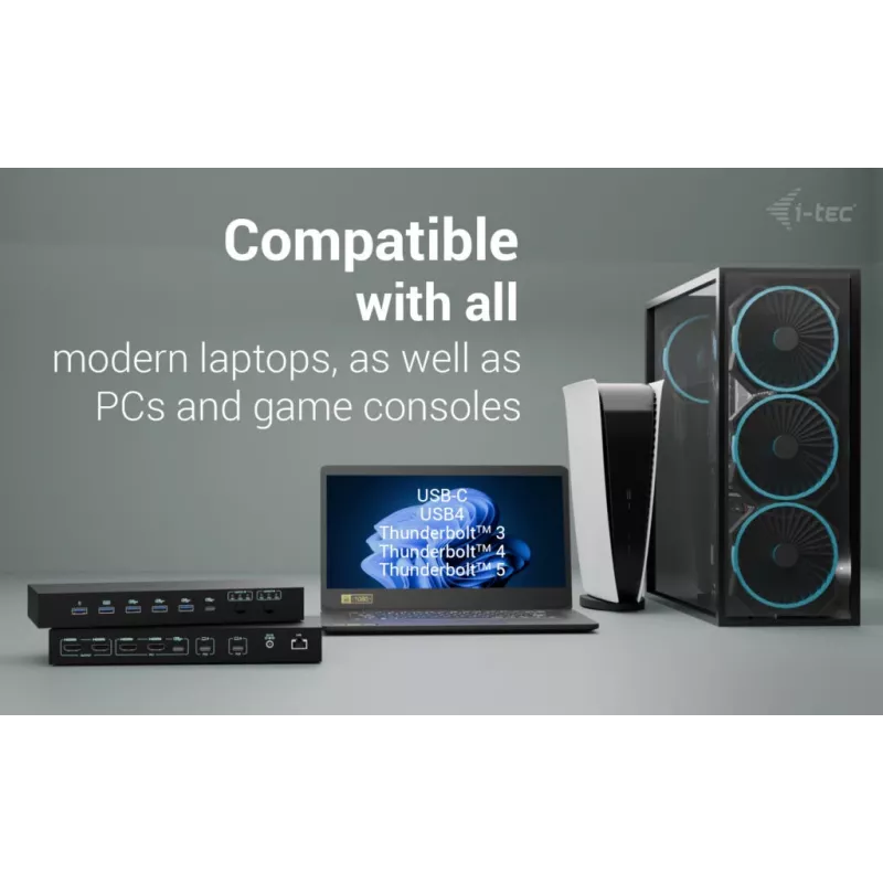 ITEC i-tec USB-C KVM Dock PRO trīs ierīcēm, divi video, 2x Power Delivery (līdz 92W), USB 3.2, 10 Gbps, Gigabit Ethernet