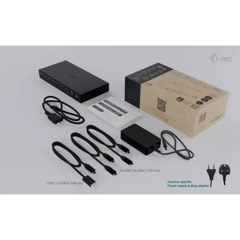ITEC i-tec USB-C KVM Dock PRO trīs ierīcēm, divi video, 2x Power Delivery (līdz 92W), USB 3.2, 10 Gbps, Gigabit Ethernet