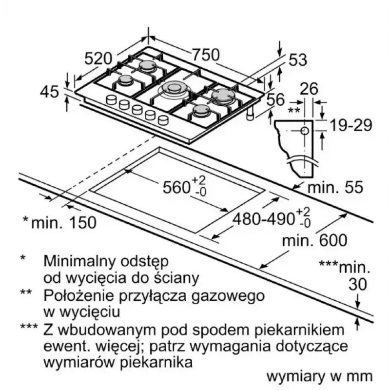 Bosch Serie 6 PCQ7A5I90 gāzes plīts virsma Nerūsējošais tērauds Iebūvējama 75 cm Gāze 5 zona(s)