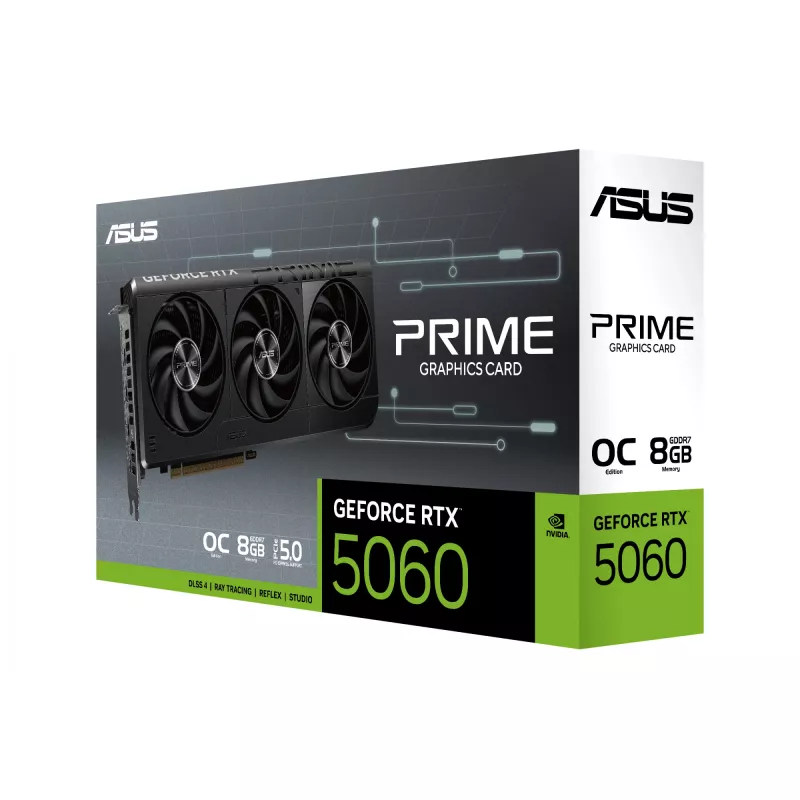 Grafikas karte ASUS GeForce RTX 5060 — 8 GB GDDR7, 128 bitu, PCIe 5.0, 3x DisplayPort 2.1b + 1x HDMI 2.1b, 2595 MHz OC, 3 ventilatori, 268,3 mm