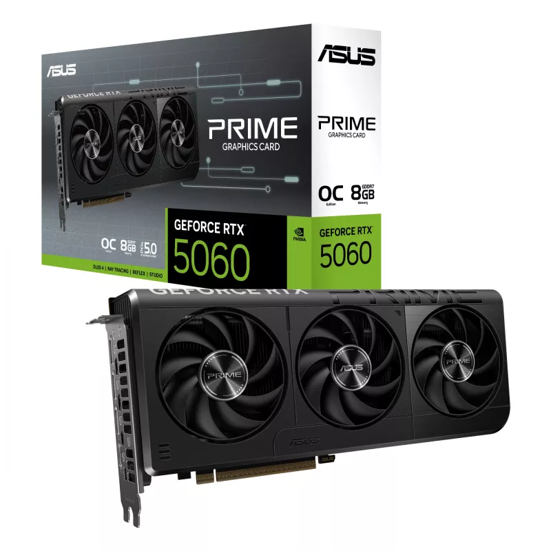 Grafikas karte ASUS GeForce RTX 5060 — 8 GB GDDR7, 128 bitu, PCIe 5.0, 3x DisplayPort 2.1b + 1x HDMI 2.1b, 2595 MHz OC, 3 ventilatori, 268,3 mm