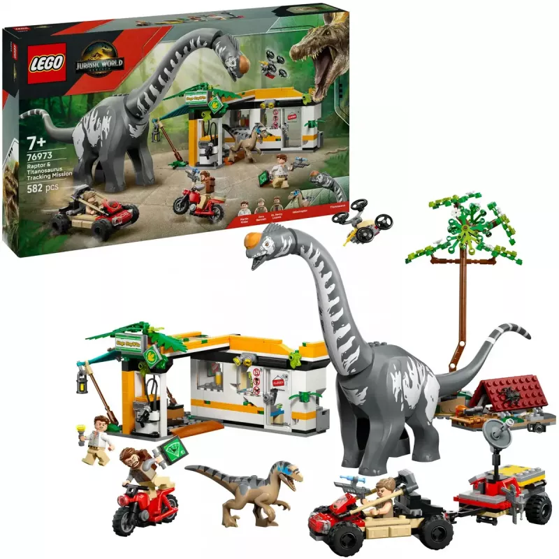LEGO Jurassic World komplekts 76973 — Raptors un Titanosaurus ar 3 figūrām, 582 gabali, vecumam 7+