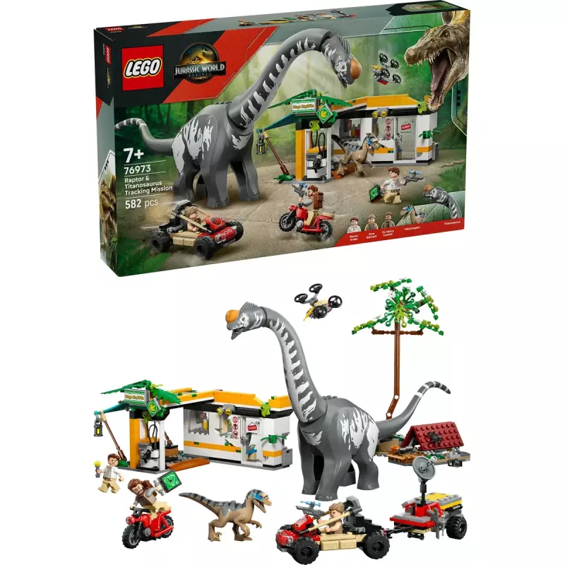 LEGO Jurassic World komplekts 76973 — Raptors un Titanosaurus ar 3 figūrām, 582 gabali, vecumam 7+