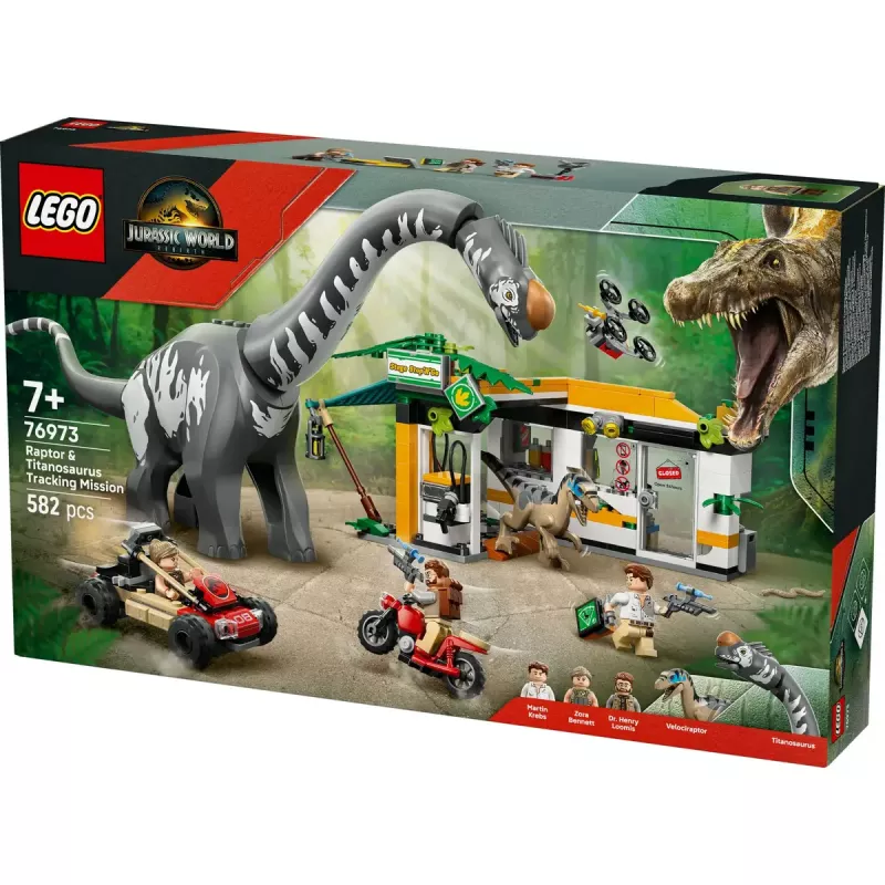 LEGO Jurassic World komplekts 76973 — Raptors un Titanosaurus ar 3 figūrām, 582 gabali, vecumam 7+