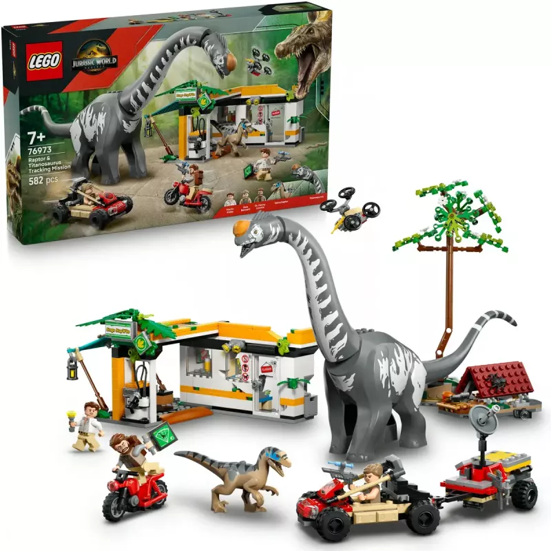 LEGO Jurassic World komplekts 76973 — Raptors un Titanosaurus ar 3 figūrām, 582 gabali, vecumam 7+