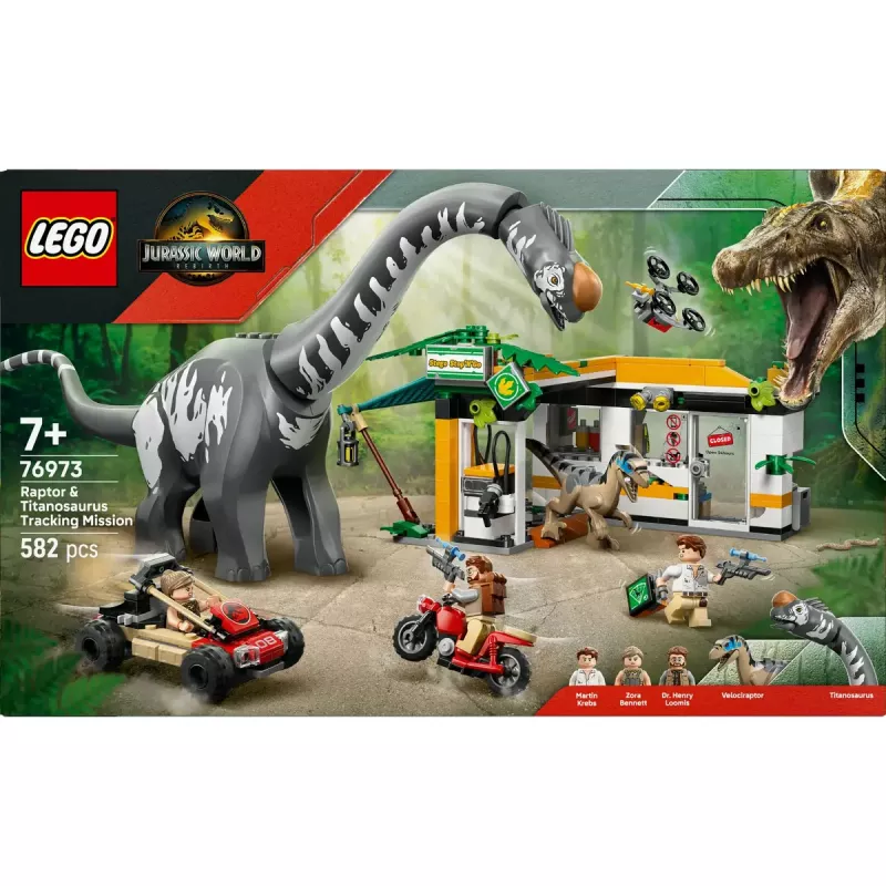 LEGO Jurassic World komplekts 76973 — Raptors un Titanosaurus ar 3 figūrām, 582 gabali, vecumam 7+